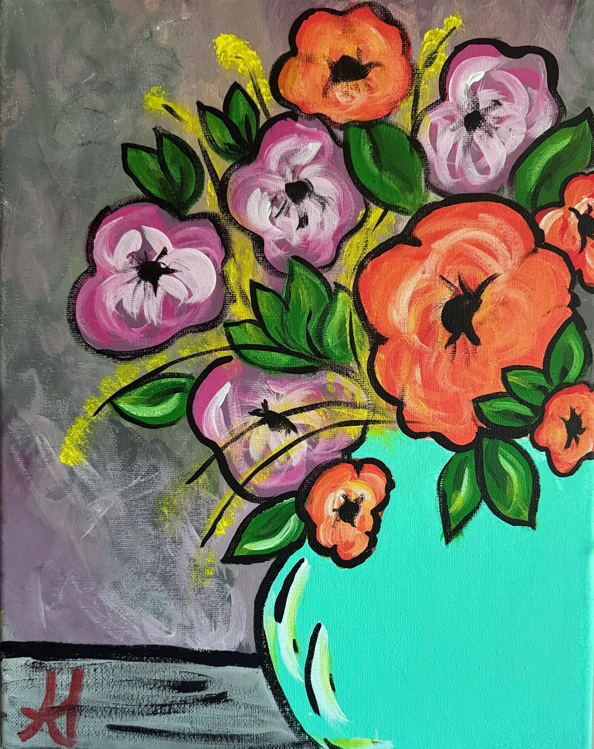 A colorful acrylic painting of a bouquet of flowers including pink and orange poppies with green leaves. The background has gray and light blue shades.