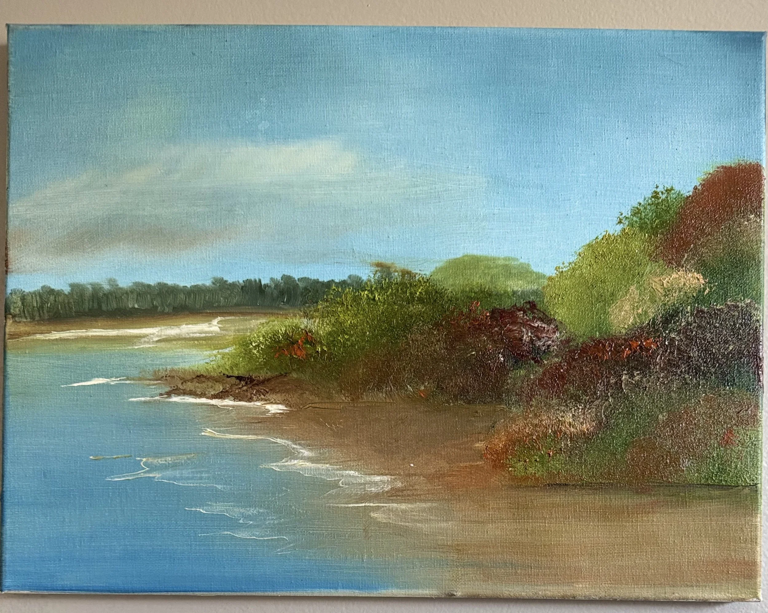 Where the Trees Meet the Tide:
Oil on canvas, built from a coastline that stuck in memory long after the visit ended.