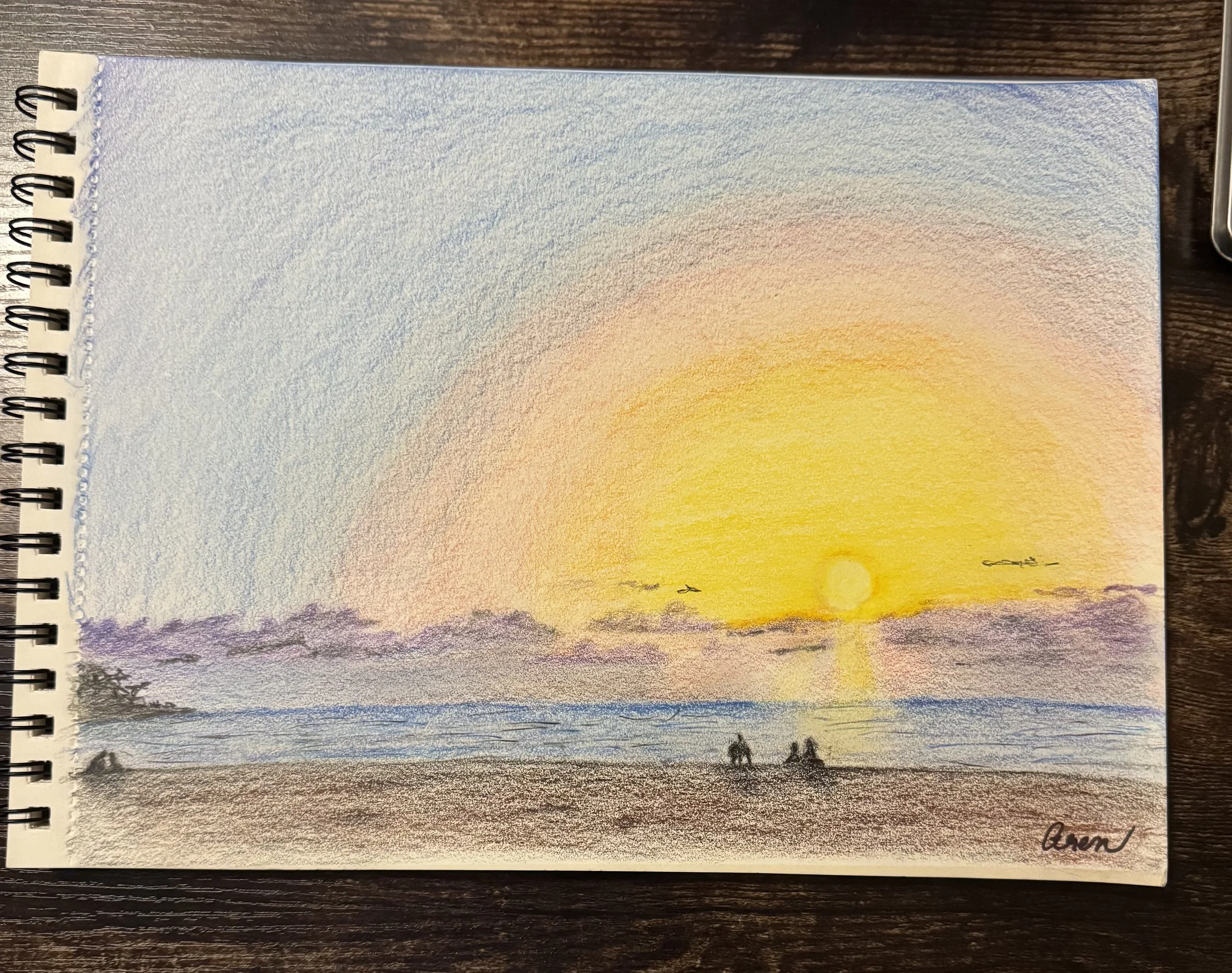 Low Tide, Last Light:
Colored pencil. Some evenings only need two people and a horizon.