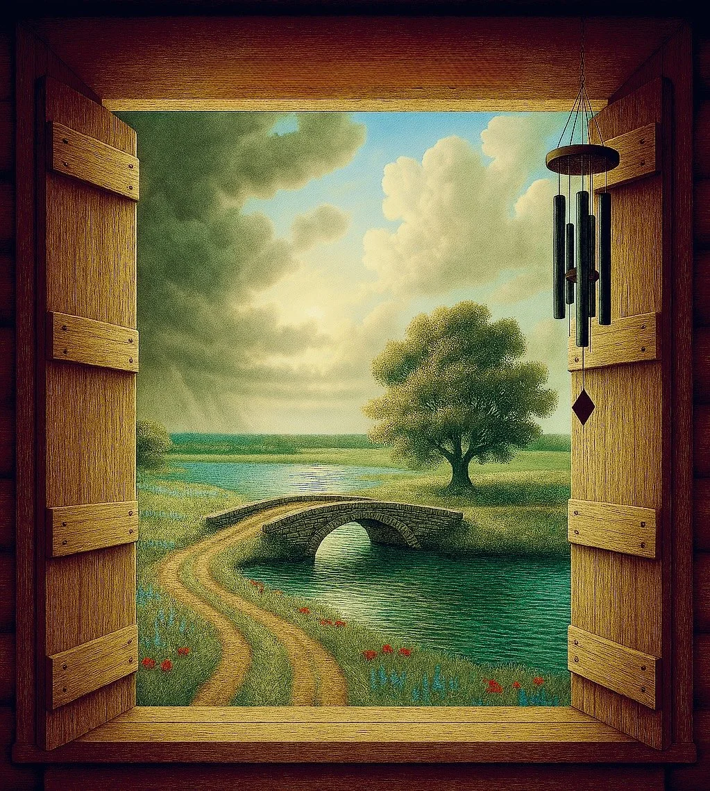 Open Window:
A room that opens onto somewhere else entirely. Later, I painted this one onto an actual wall, see Fields and Fables.