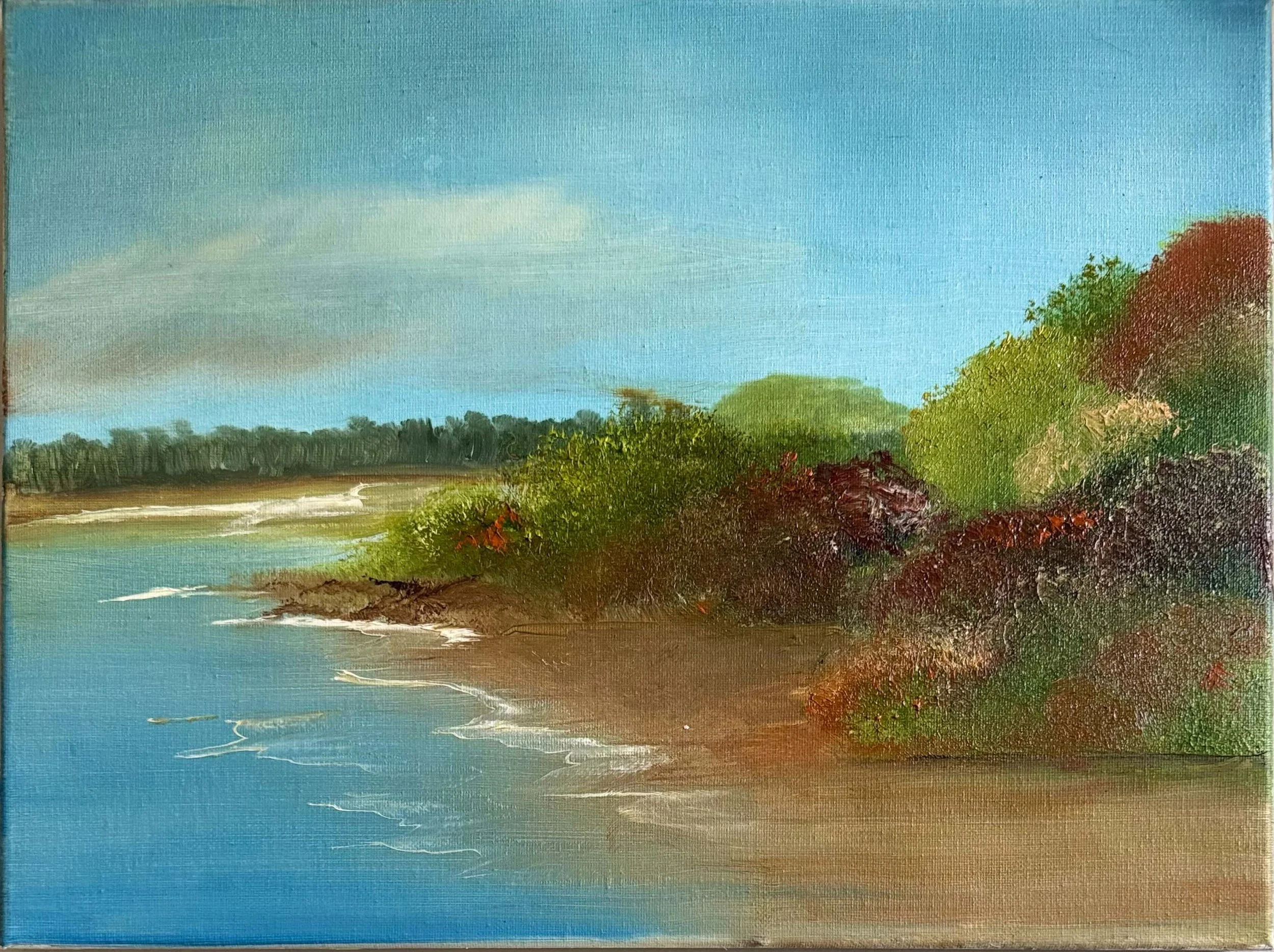 A landscape painting depicting a river flowing through a lush green landscape with trees and bushes on the banks. A small hill with reddish-brown foliage is on the right, under a blue sky with some white clouds.