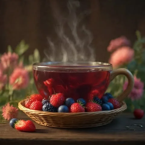 A steaming cup of berry-infused tea on a basket, surrounded by fresh strawberries and blueberries, with flowers in the background.