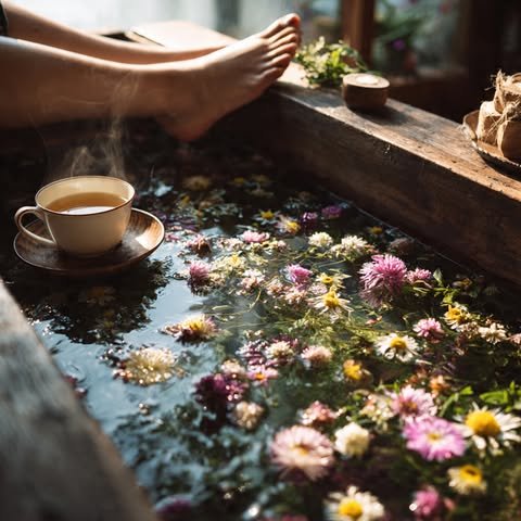 Person soaking their feet in a wooden tub filled with water and floating flowers, with a cup of tea and some small items on the side.