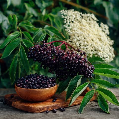 Black elderberries in a wooden bowl on a rustic wooden surface, surrounded by green leaves and white elderflower blossoms.