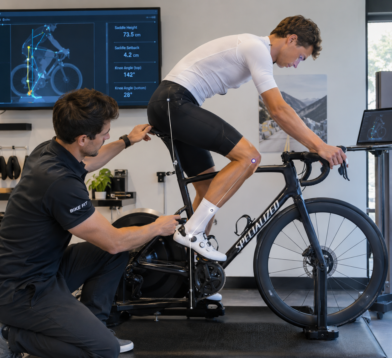Man op een binnenfiets met meetapparatuur, terwijl een begeleider aanpassingen maakt, in een laboratorium of fitnesscentrum.