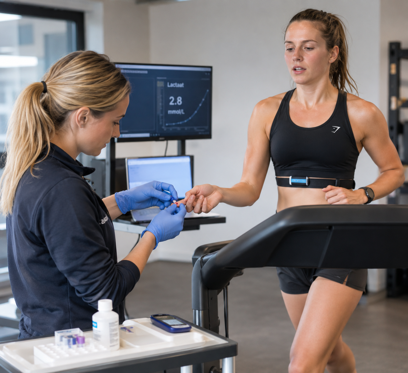 Vrouw krijgt een injectie in haar vinger door een verpleegkundige in een sportschool of laboratorium.