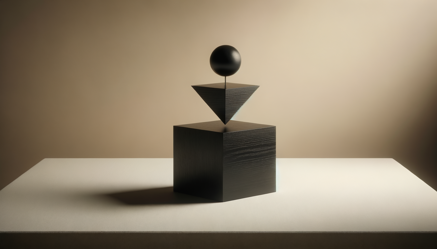 Three black geometric objects—a sphere, a pyramid, and a cube—balanced vertically on a white surface against a neutral background.