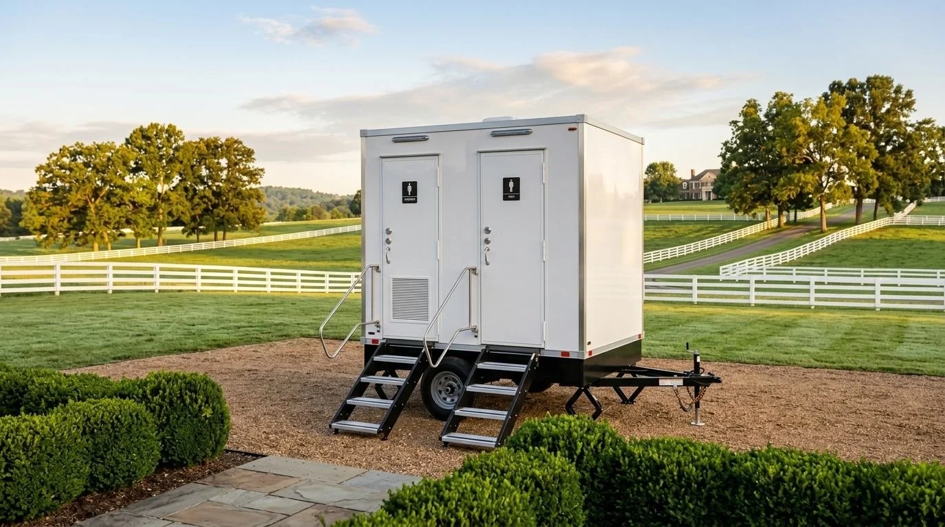 A white mobile restroom trailer with two doors, set up outdoors on a gravel area, surrounded by green bushes and trees, with a white fence and rolling hills in the background under a partly cloudy sky.