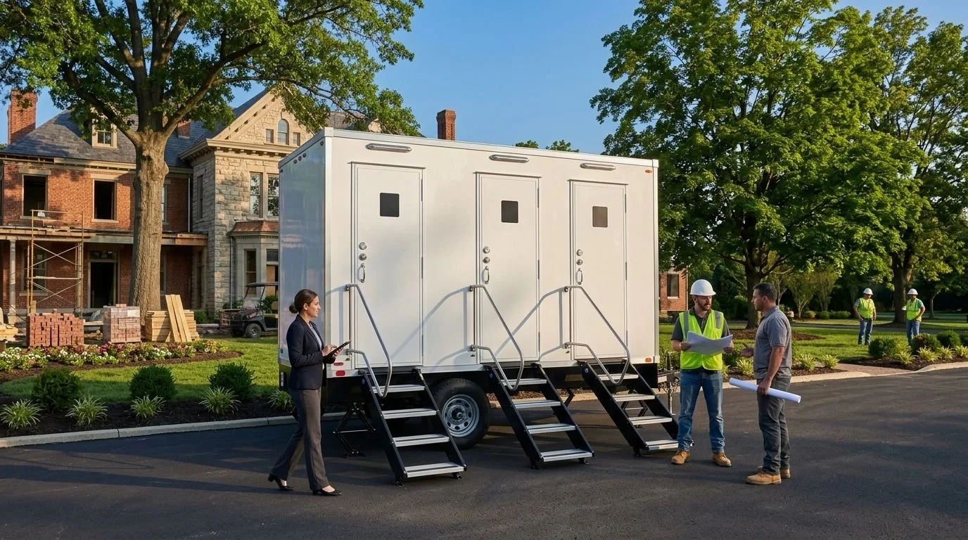 Construction site with a mobile office trailer, workers in safety vests and helmets, and a woman in business attire holding a tablet.