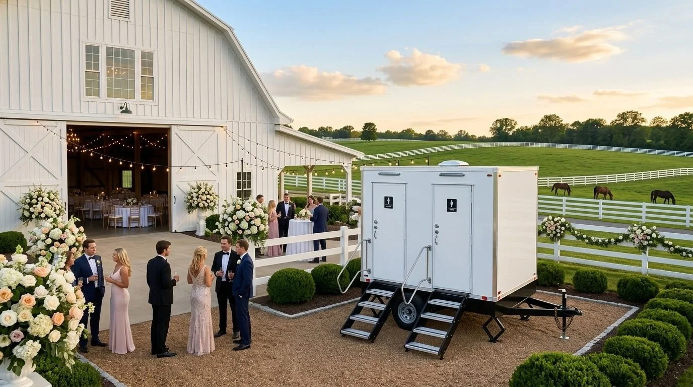 People dressed in formal attire socializing outside a wedding venue with a large white barn, floral arrangements, and string lights, with green pastures and horses in the background.