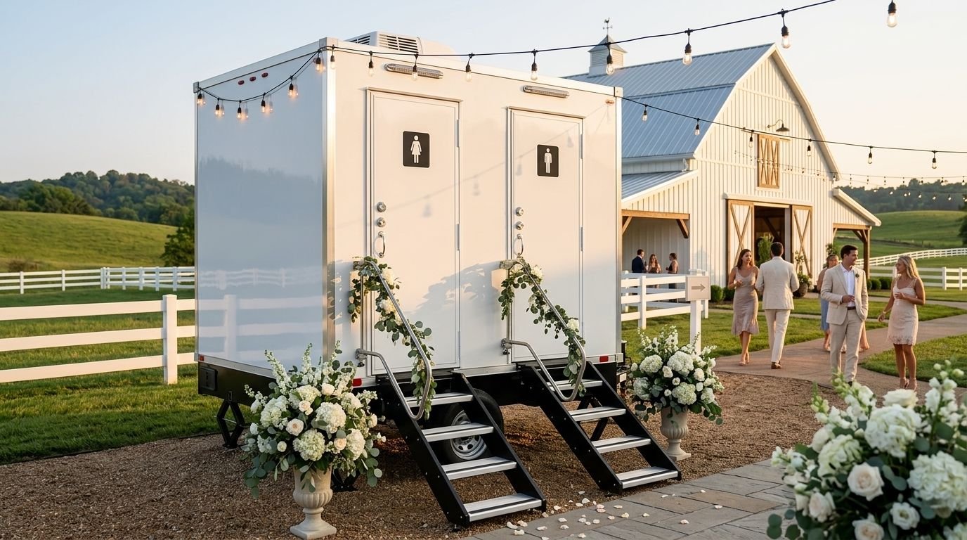 Portable toilet trailer decorated with flowers at an outdoor wedding reception.