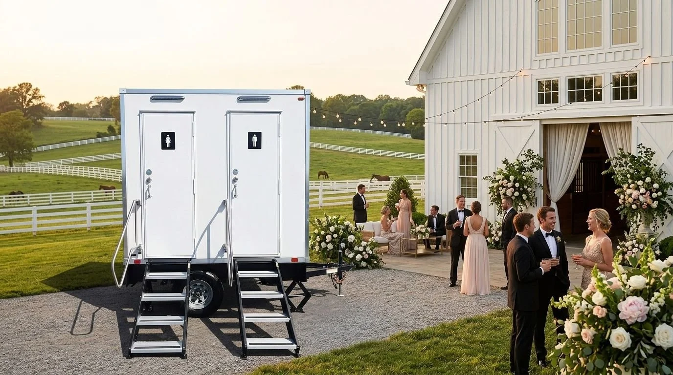 A wedding reception scene outside a white barn with people dressed in formal attire, some holding drinks, and a large portable restroom trailer nearby.