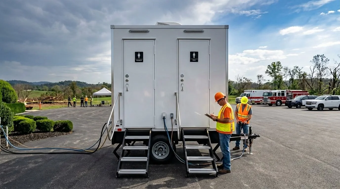 Two workers wearing orange and yellow safety gear near a mobile unit with restrooms, with emergency vehicles and a group of people in the background.