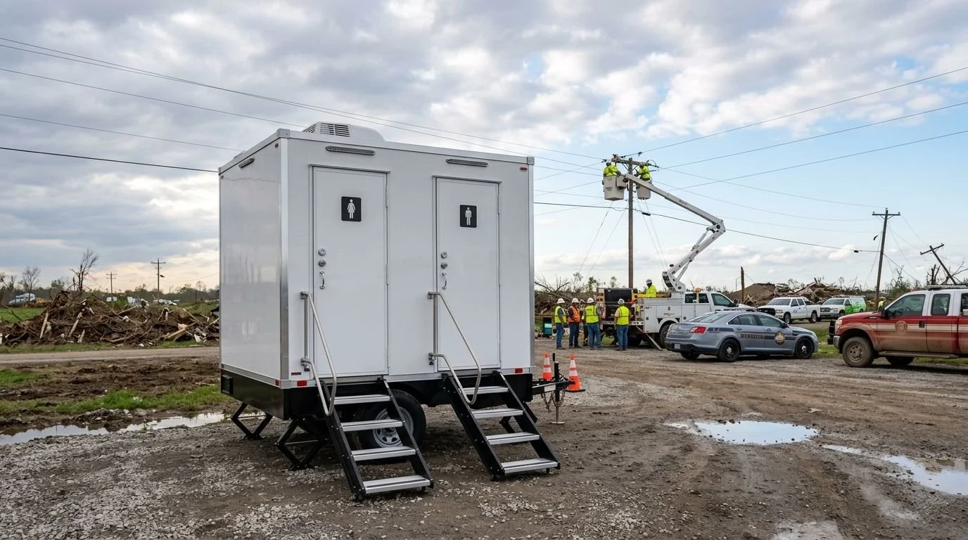 A portable building with men's and women's restrooms, set up outdoors on a muddy area. In the background, utility workers are using a bucket truck for repairs, with multiple parked utility vehicles nearby, under a partly cloudy sky.