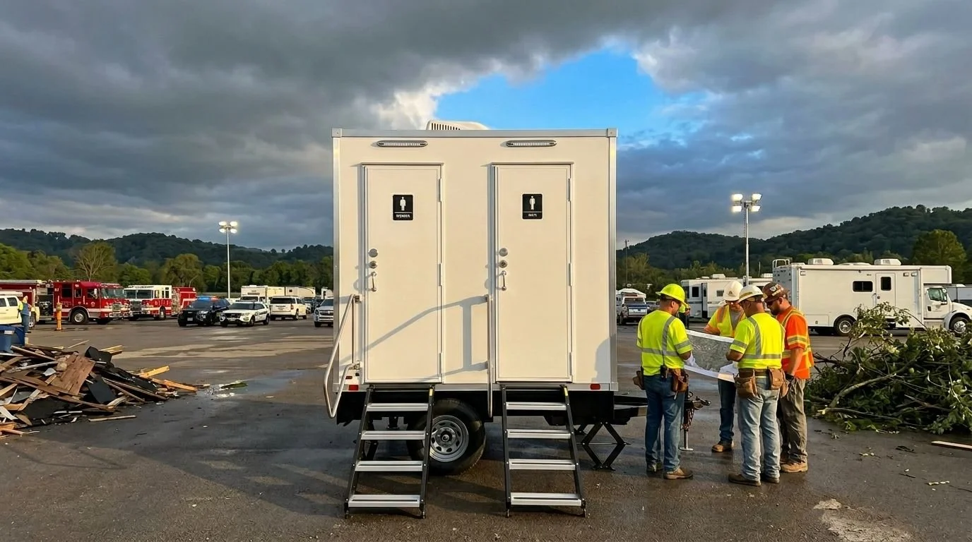 Group of construction workers in safety gear looking at plans outside a portable restroom unit during daytime with storm clouds and mountains in the background.