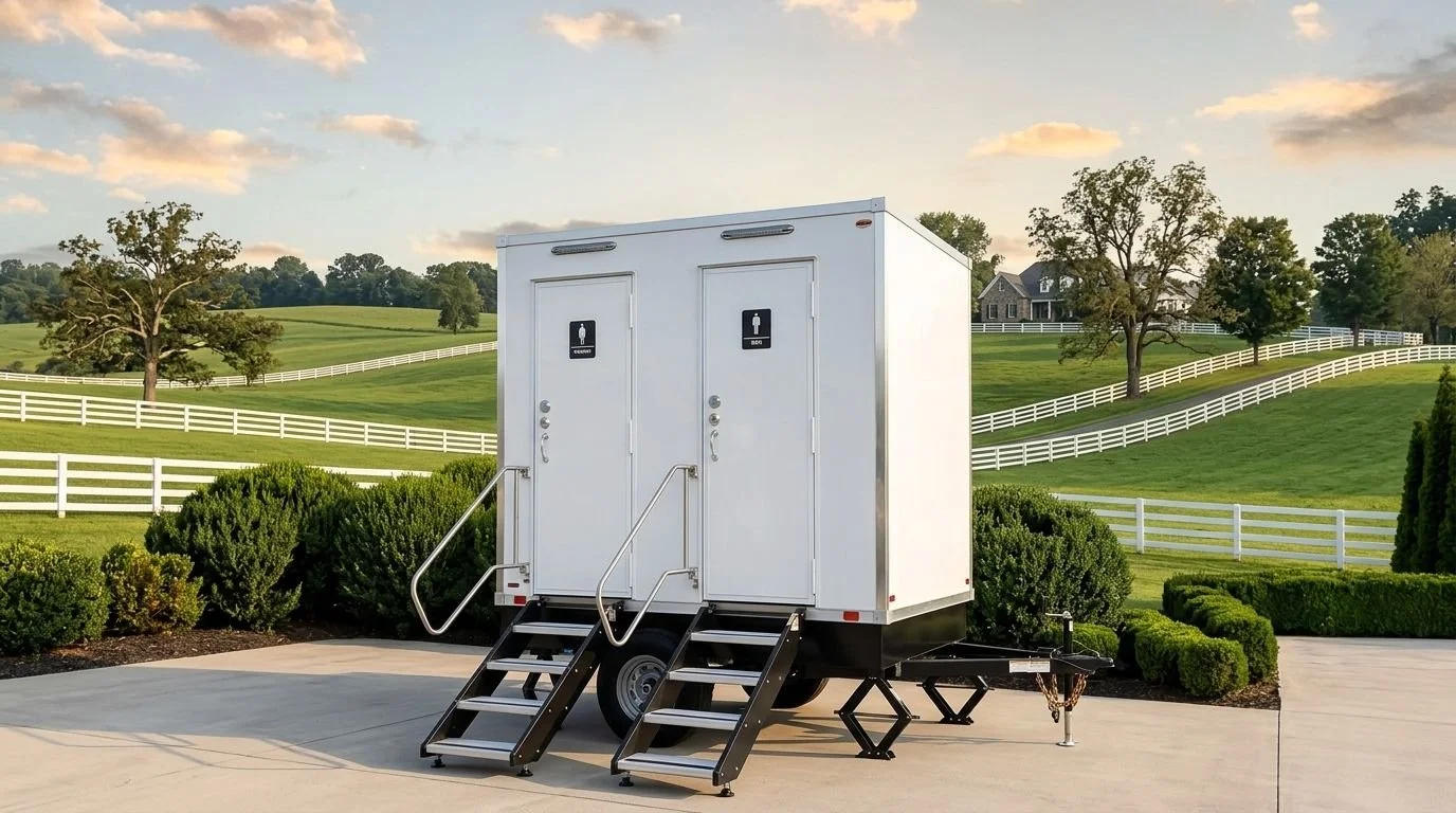 Portable restroom trailer with two doors, set in a landscaped outdoor setting with green grass, bushes, trees, and a house in the background during sunset.