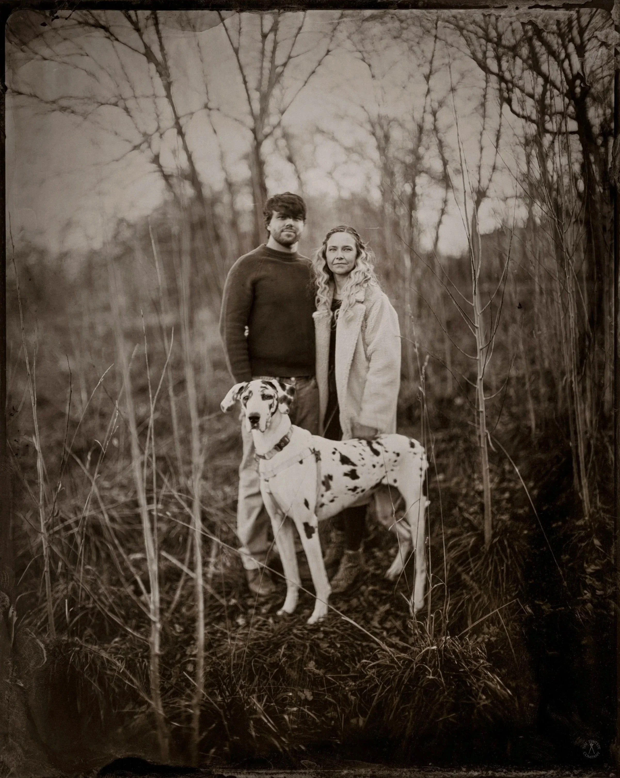 A black and white photograph of a man, a woman, and a Dalmatian dog standing outdoors in a natural setting with trees and dry grass