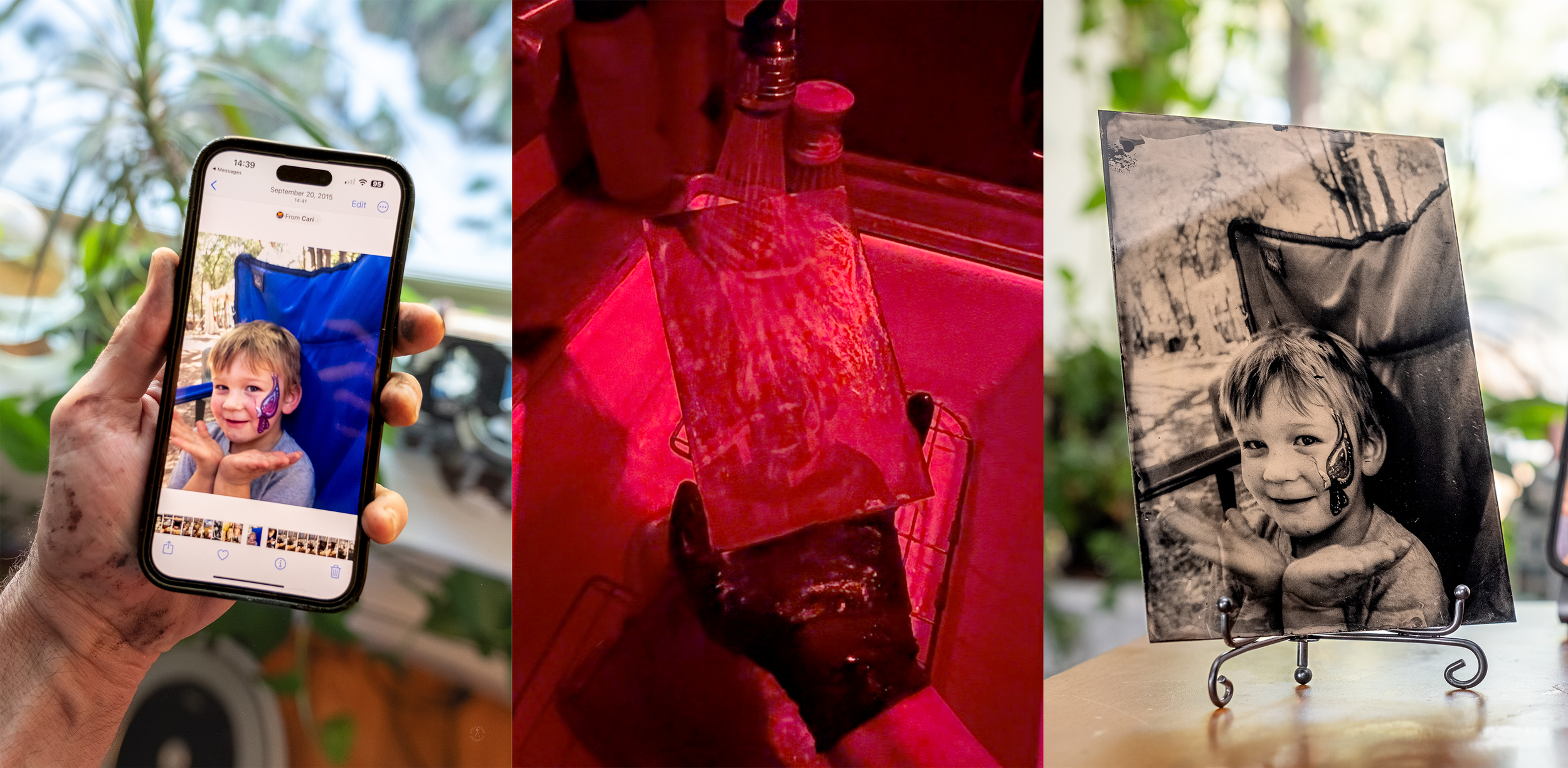 A collage of three photos: the first shows a hand holding a smartphone displaying a child's photo with face paint, the second is a close-up of a red metal sculpture of a bird, and the third is a black and white picture of a young boy with face paint, displayed on a stand.