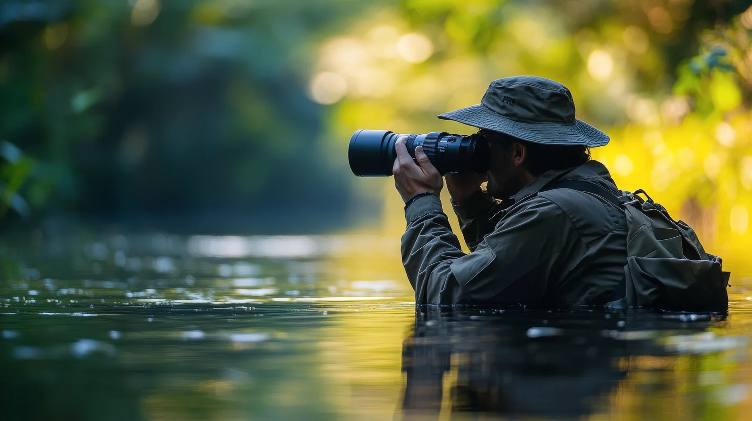 Field researcher waist-deep in river tracking wildlife