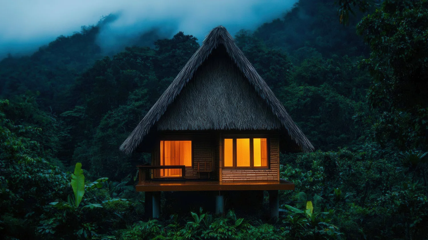 Illuminated jungle lodge at dusk surrounded by rainforest
