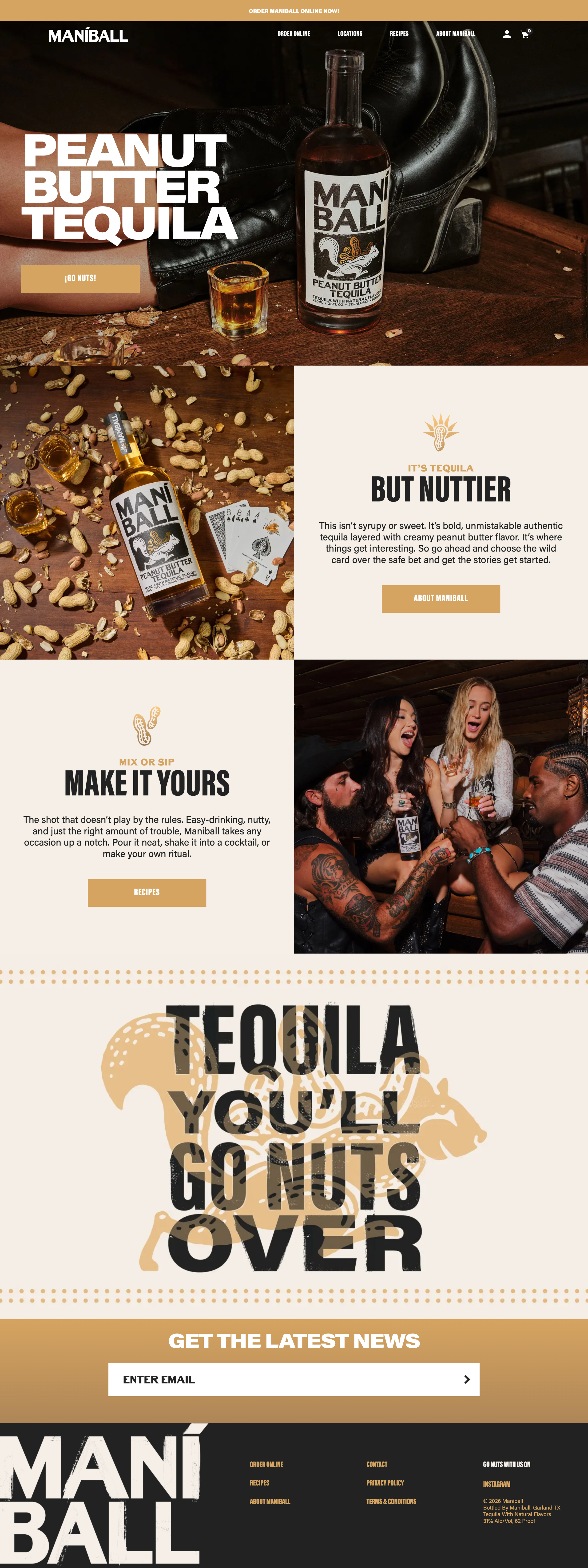 Website homepage for Maniball peanut butter tequila featuring images of tequila bottles, a shot glass, peanuts, and people enjoying the drink in a bar setting.