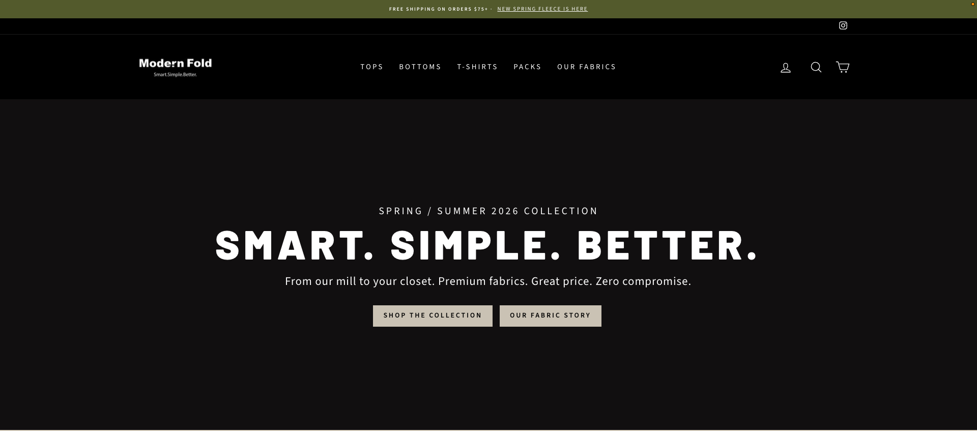 Homepage of Modern Fold clothing website showcasing spring/summer 2026 collection with headline 'Smart. Simple. Better.' and buttons for 'Shop the Collection' and 'Our Fabric Story'.