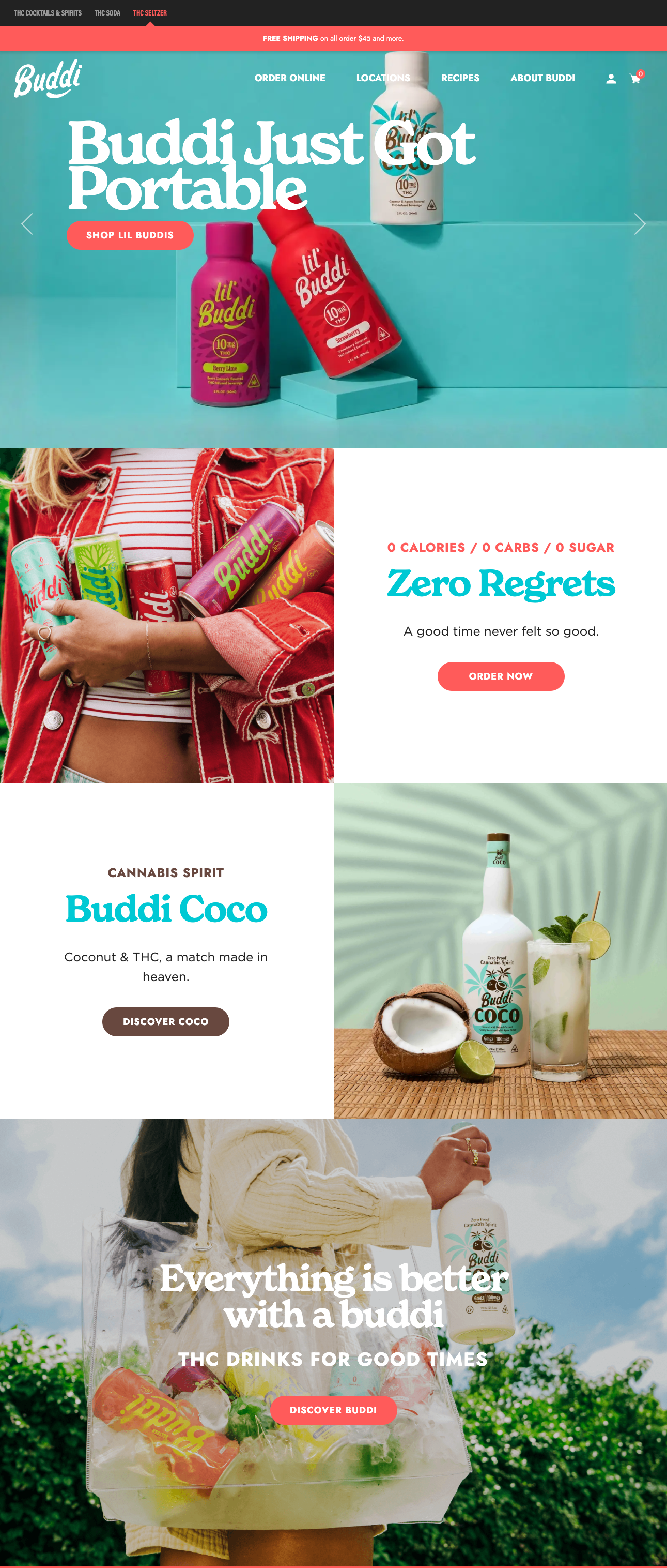 A colorful website homepage for Buddi, a brand of THC-infused drinks, featuring various product images including bottles and cans, a woman holding cans, and a person holding a bucket of ice with drinks, with promotional texts and buttons for ordering and discovering products.