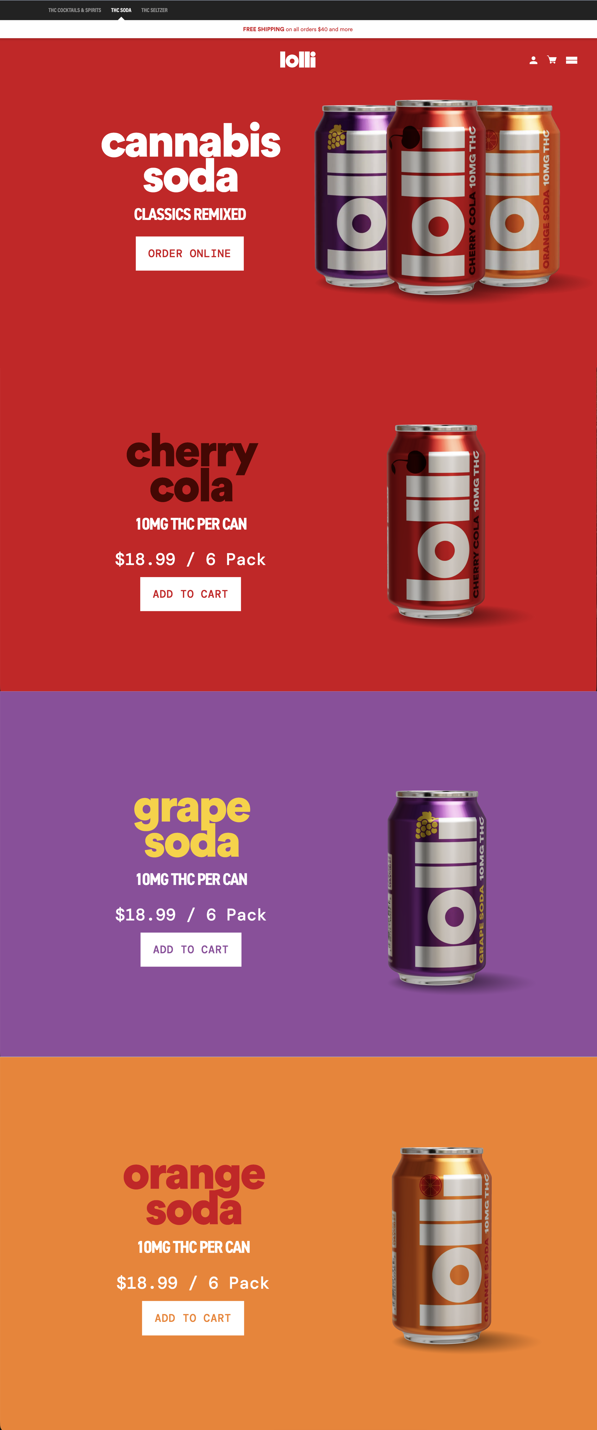 Collection of four cans of THC-infused sodas in various flavors: grape, orange, cherry cola, and cannabis soda, displayed on colorful backgrounds.