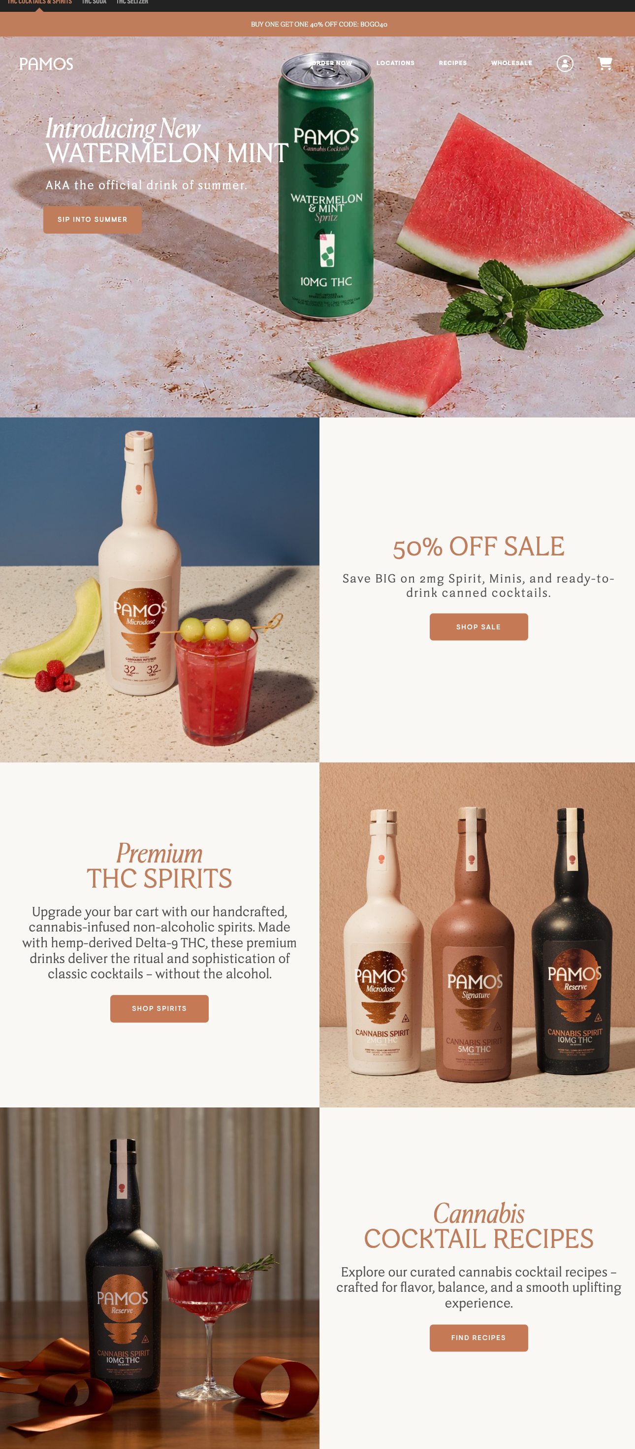 Website homepage for PAMOS cannabis cocktails featuring images of various cannabis-infused drinks, including a watermelon mint drink, a red cocktail with melon and grapes, and bottles of THC spirits in different flavors, with promotional banners for sales, recipes, and product information.