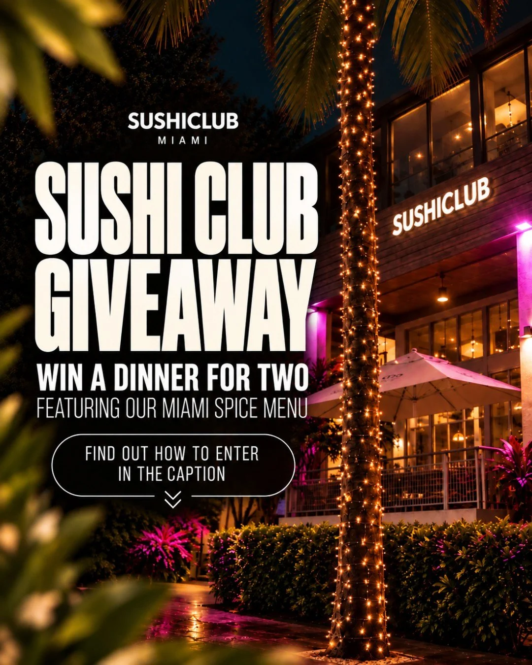 MIAMI, DINNER&rsquo;S ON US 🍣✨

We&rsquo;re giving one lucky winner a Miami Spice dinner for two at SushiClub Miami.

To enter:

1. Follow @SushiClub.us
2. Like this post
3. Tag your sushi date in the comments 👀

One comment = one entry, so take ad