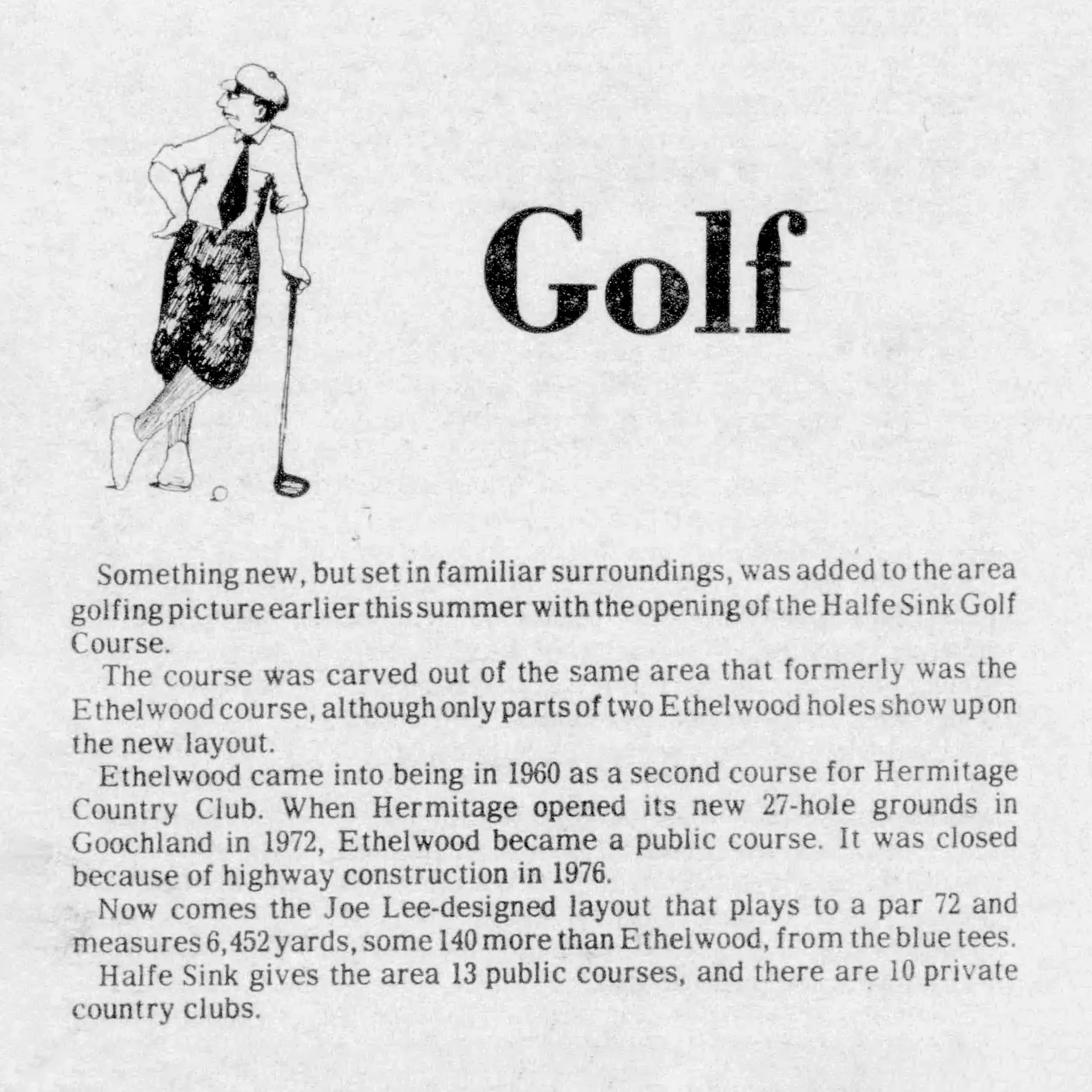 Black and white illustration of a person standing, dressed in a blazer, tie, and skirt, holding a golf club, and wearing sunglasses. The word 'Golf' is partially visible beside the person.