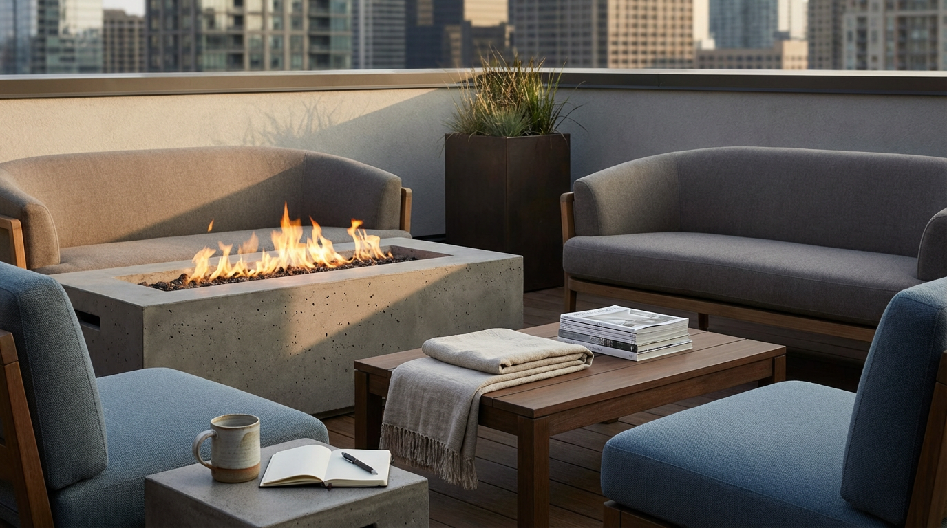 Outdoor rooftop patio with modern furniture, a firepit, potted plant, and a cityscape background.
