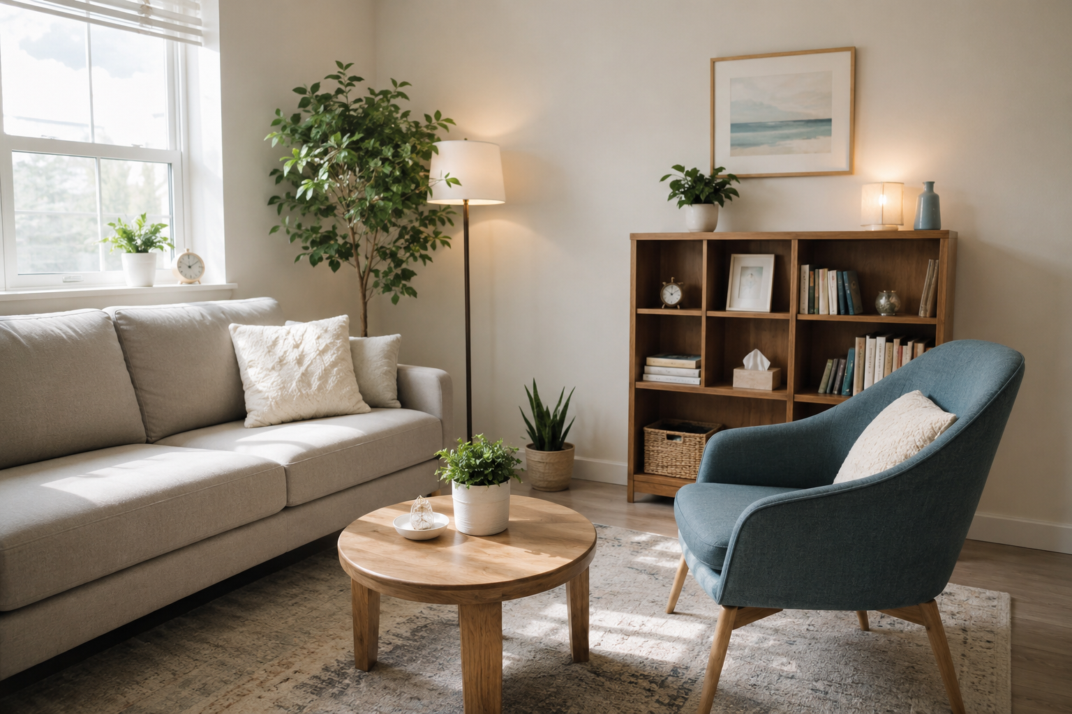 A cozy living room with a beige sofa, blue armchair, wooden coffee table, and bookshelf. Decor includes potted plants, a window with blinds, and framed artwork.