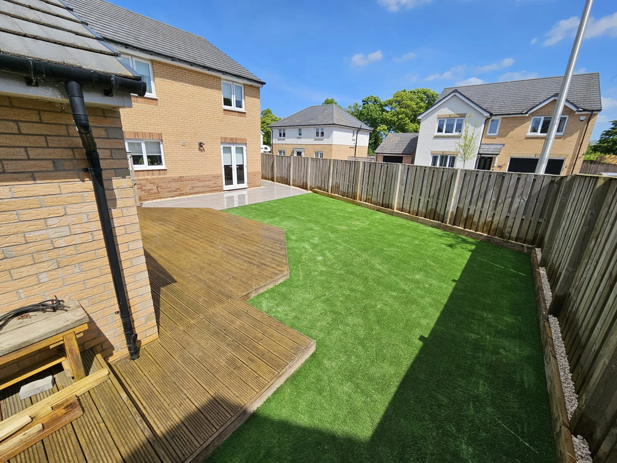 Backyard with artificial grass, wooden deck, and a brick house with a grey roof under a blue sky.