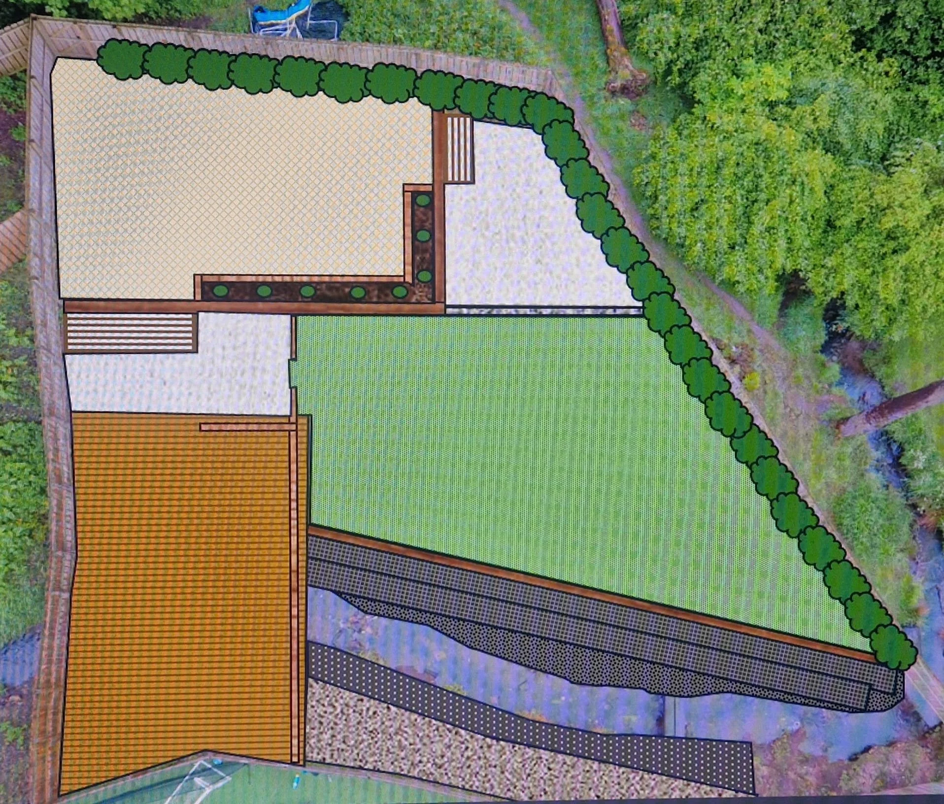 Architectural plan of a backyard featuring a patio, lawn, garden beds, and privacy hedges.