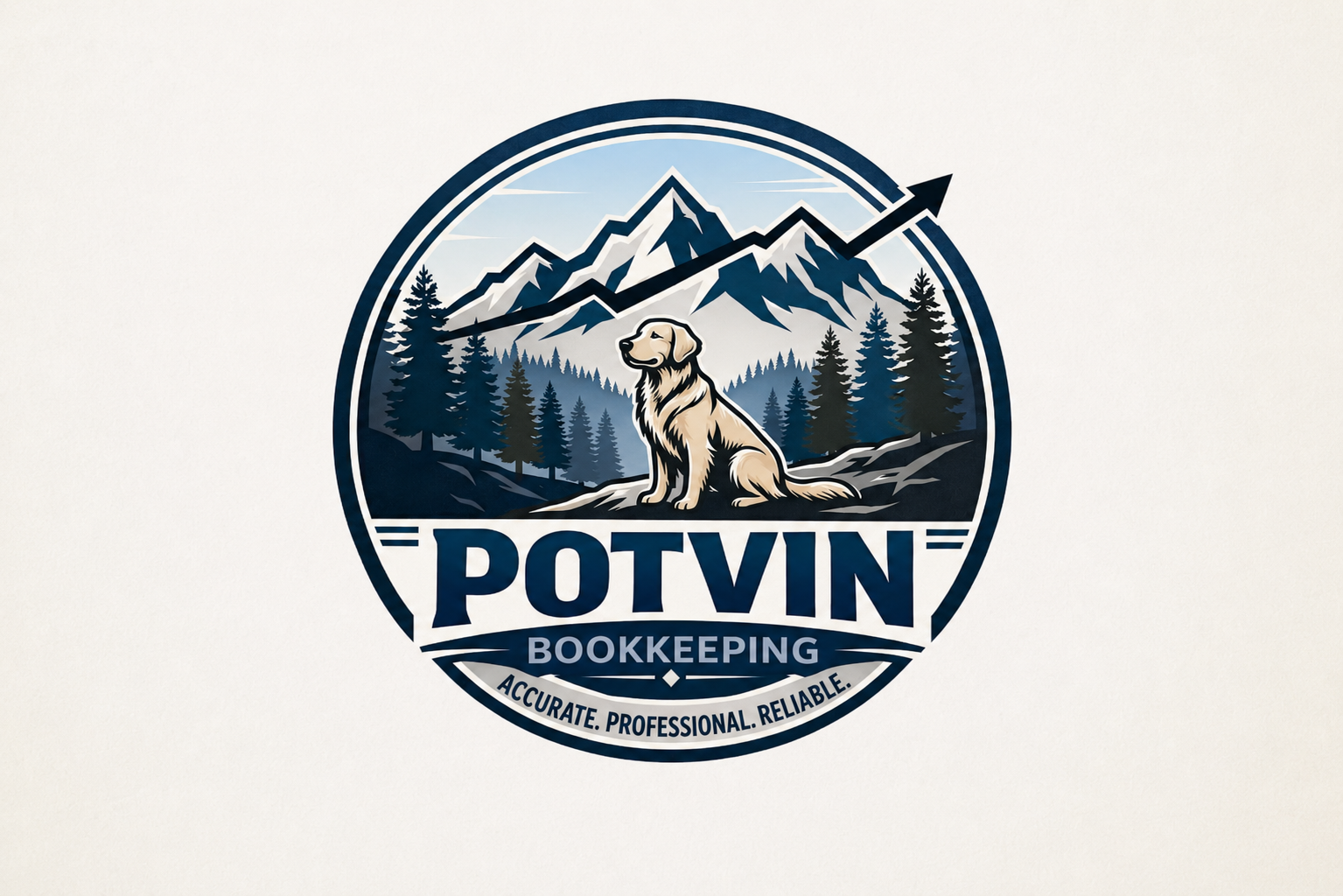 A logo for Potvin Bookkeeping featuring a dog sitting in front of a mountain landscape with pine trees and an upward arrow, with the text 'Potvin Bookkeeping' and slogan 'Accurate. Professional. Reliable.'.
