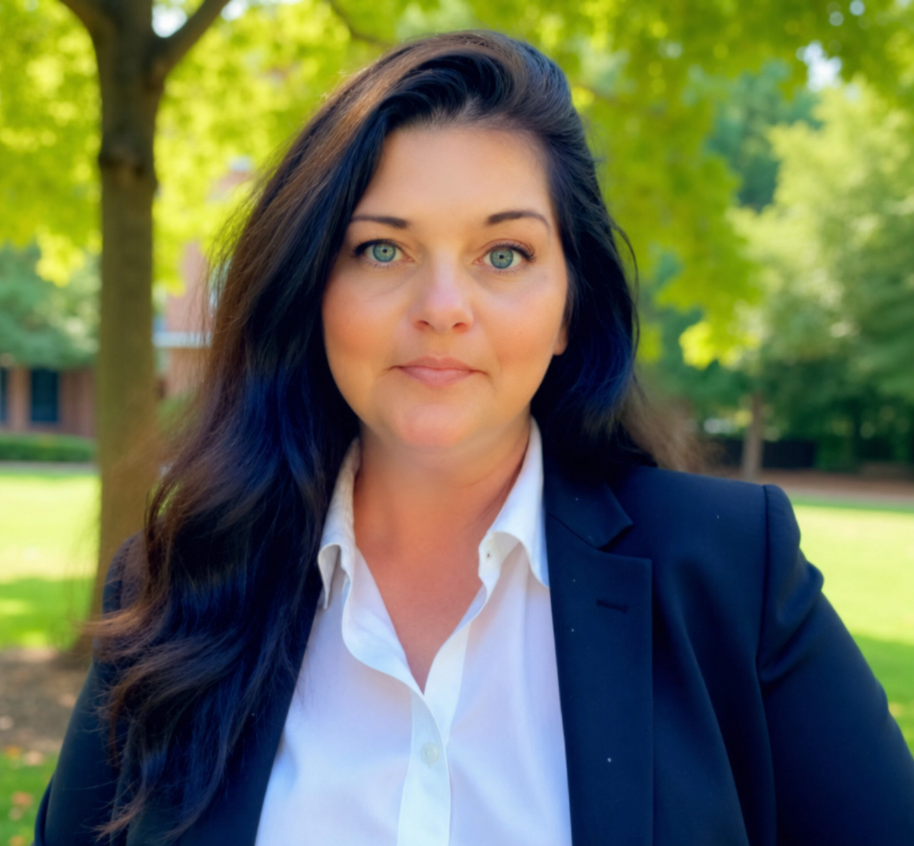 A woman with long dark hair and blue eyes wearing a white shirt and black blazer outdoors with trees and greenery in the background.