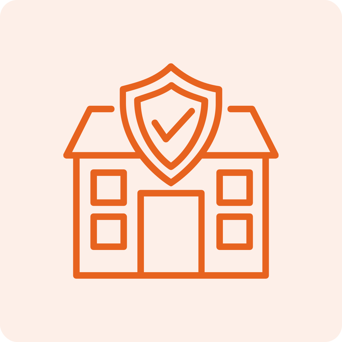 Outline of a house with a shield and checkmark symbol above it.
