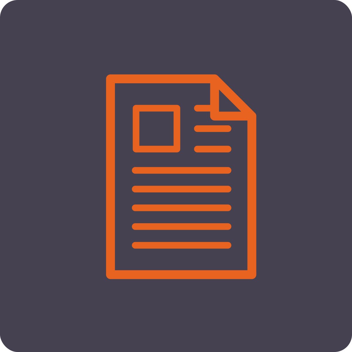 Icon of a document with lines of text and a small square image, outlined in orange on a dark background.