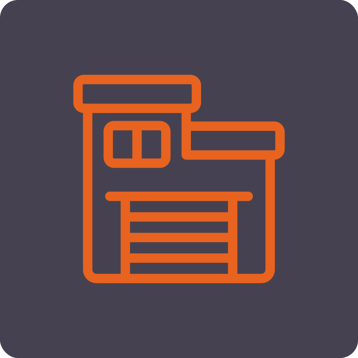 Outline drawing of a building with a garage door against a dark background, rendered in orange.