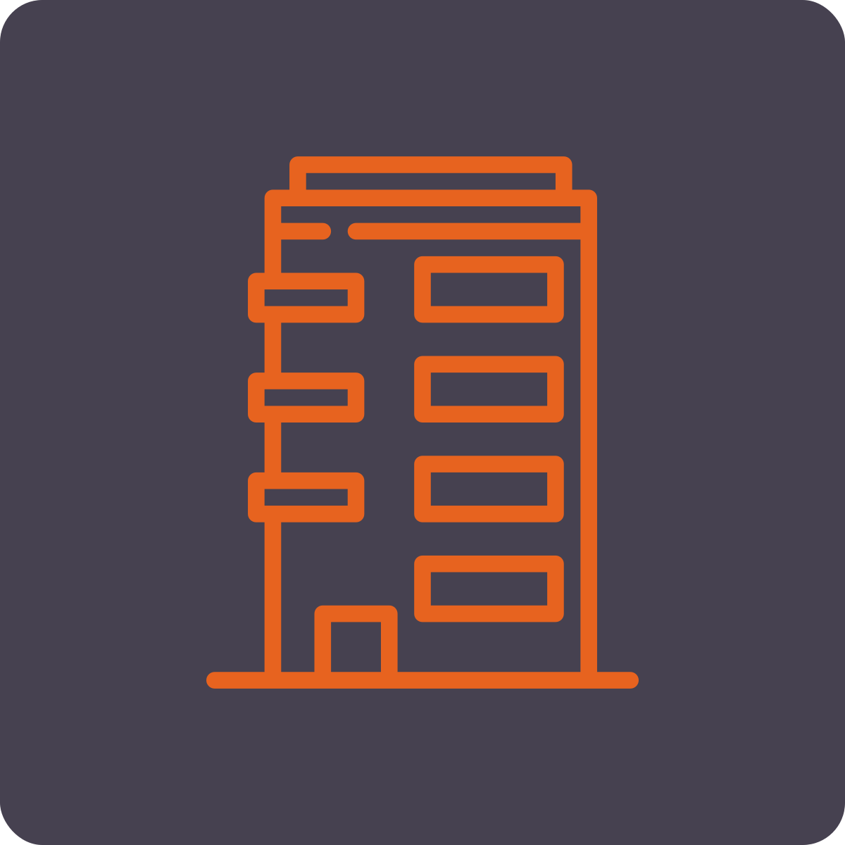 Outline of a multi-story building with balconies, drawn in orange on a dark background.