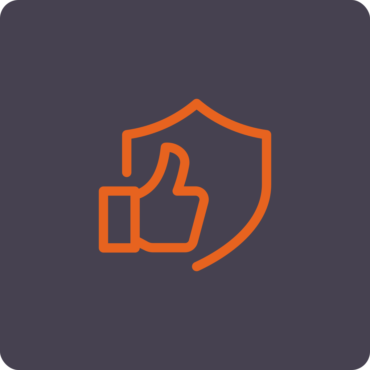 An orange outline of a thumbs-up symbol inside a shield on a dark grey background.