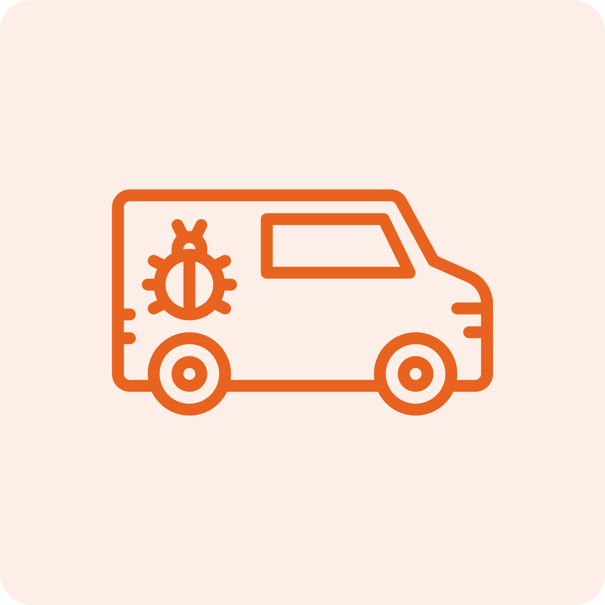 Outline illustration of a van with a bug icon on its side, in orange on a light background.