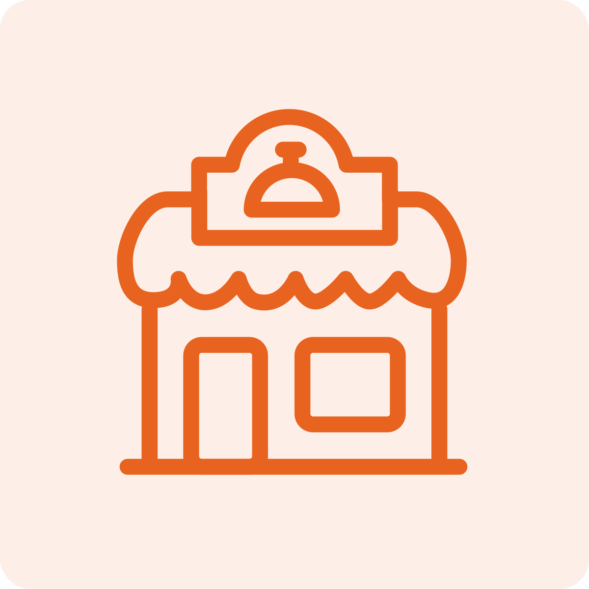Outline drawing of a small storefront or shop with a clock on its roof and an awning above the entrance.