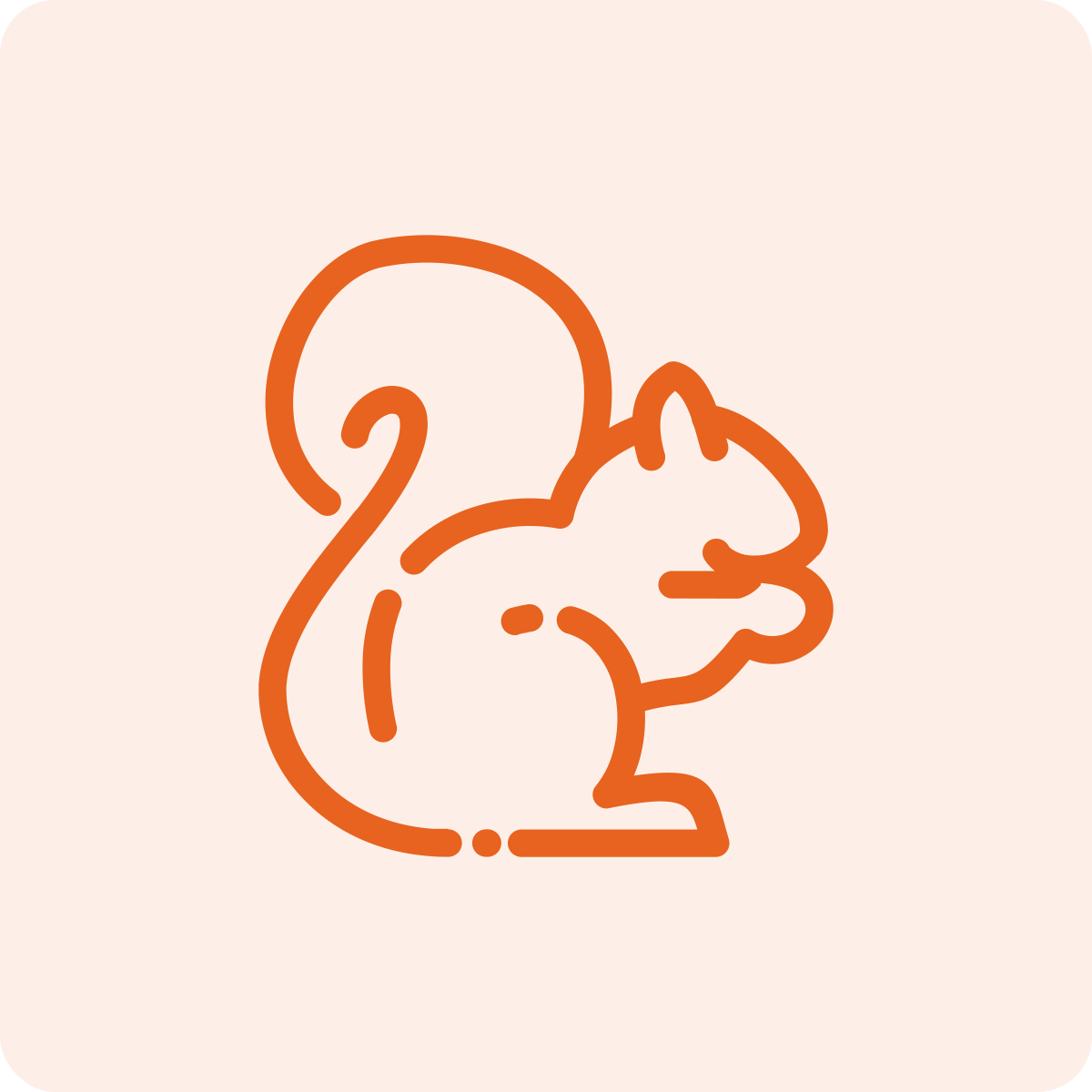 Outline drawing of a squirrel in orange on a light pink background.