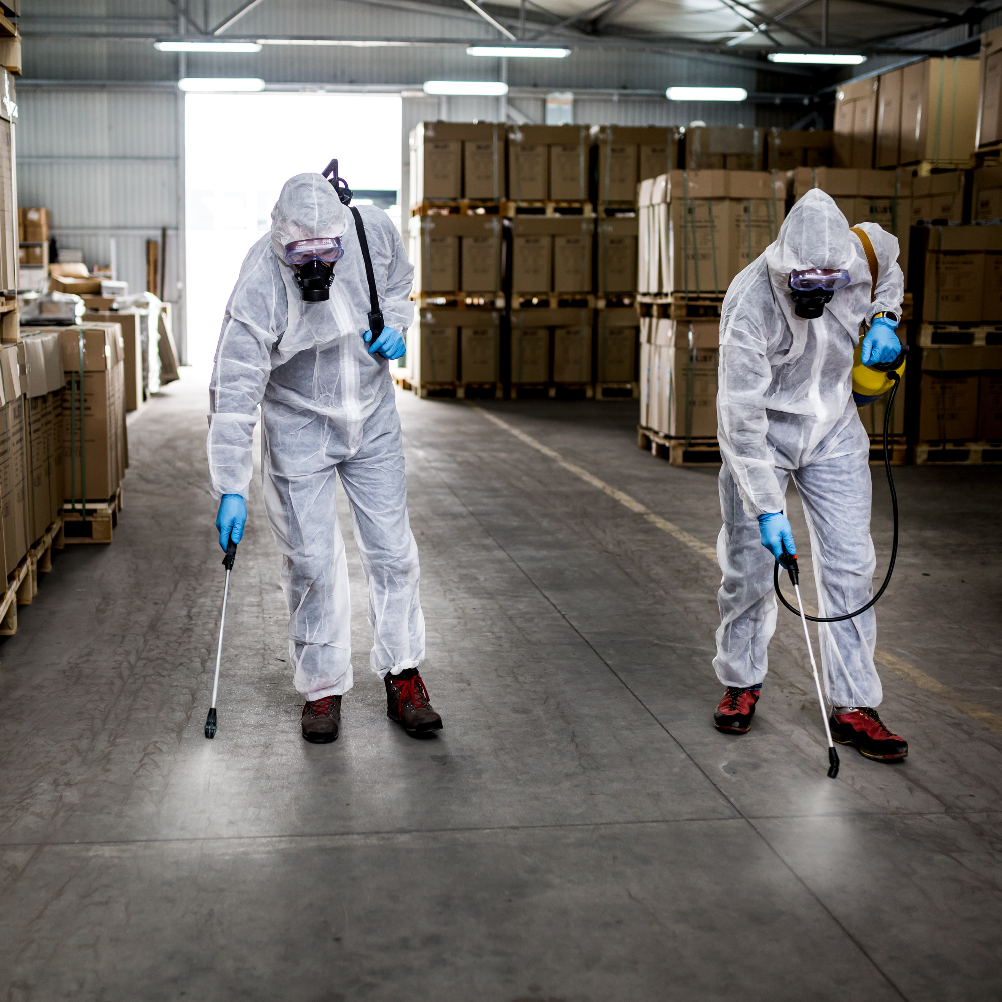 Two workers in full protective gear, including white hazmat suits, goggles, masks, and gloves, are disinfecting or spraying a warehouse with stocked boxes on wooden pallets.