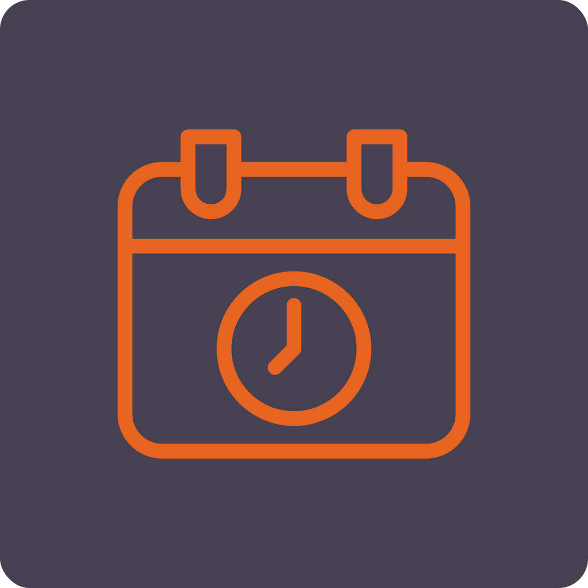 Icon of a calendar with a clock on it, in orange lines on a dark background.
