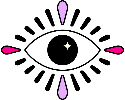 Stylized eye with geometric shapes and pastel colors, including purple and pink teardrop elements.
