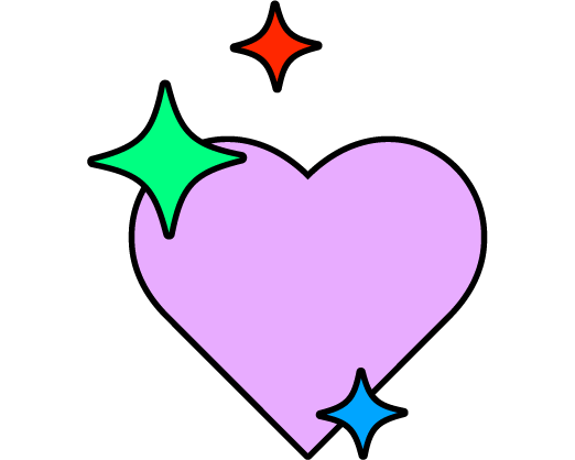 A purple heart with three colorful star shapes (red, green, and blue) around it on a black background.