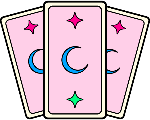 Three pink tarot cards with moon, star, and diamond symbols, fanned out against a black background.